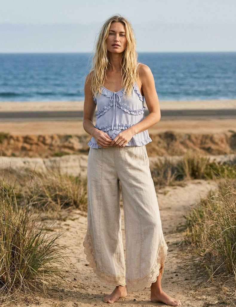 Coastal Tulip Lace Hem Denim Pants - Westly