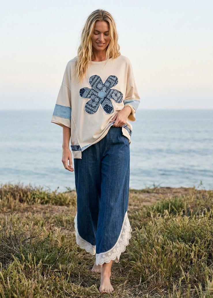 Coastal Tulip Lace Hem Denim Pants - Westly