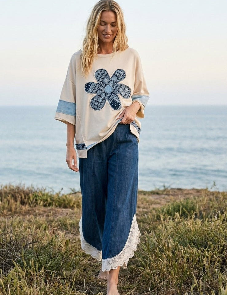 Coastal Tulip Lace Hem Denim Pants - Westly