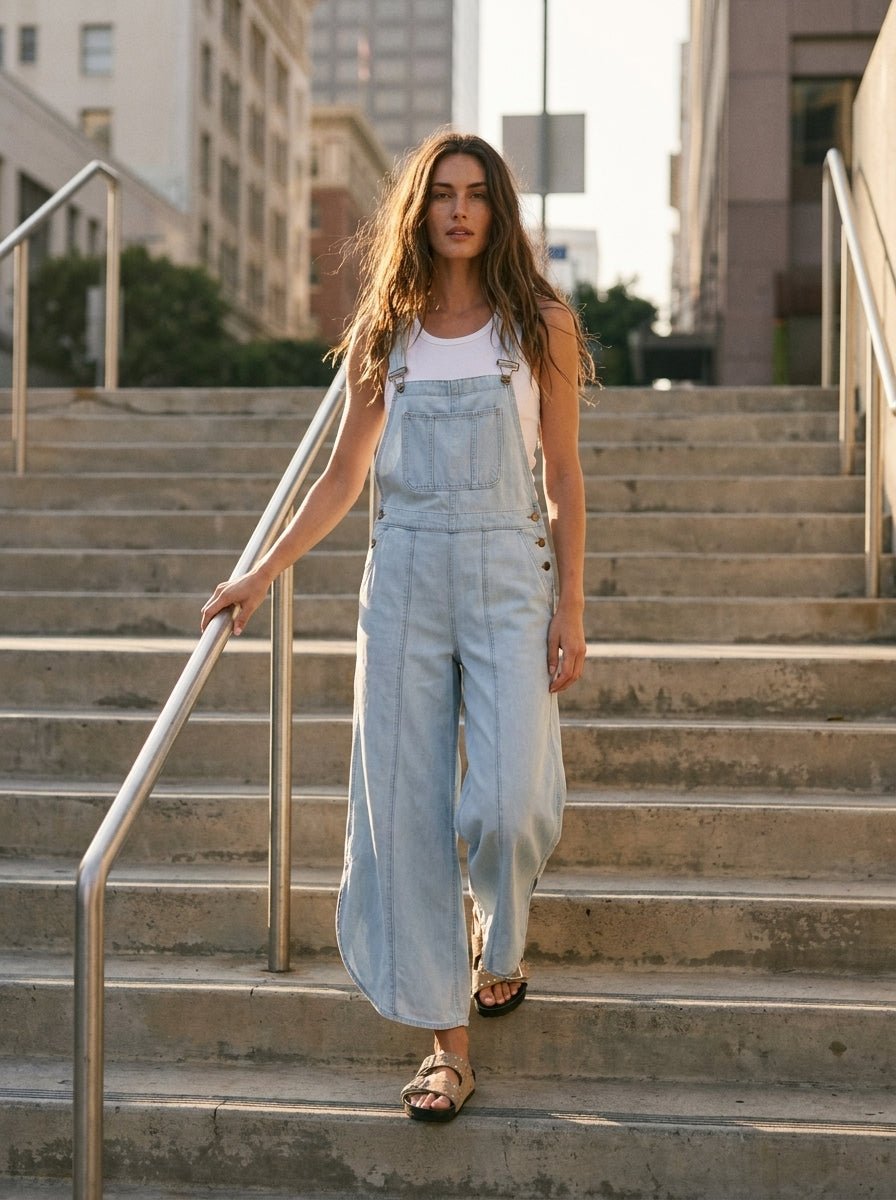 Coastal Tulip Washed Denim Relaxed Fit Overalls - Westly