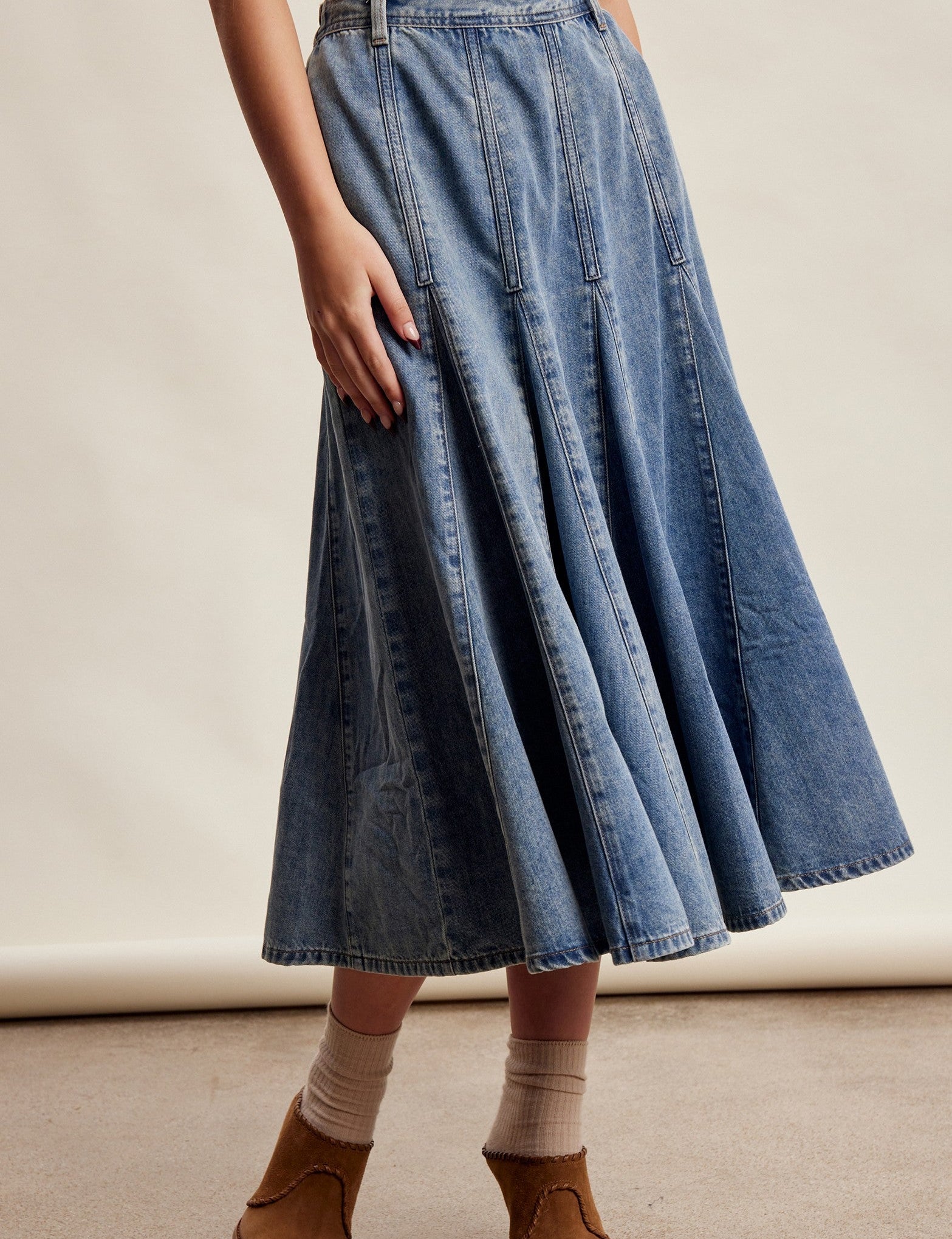 Cobalt Path Paneled Denim Midi Skirt in Sunwashed Blue - product photo 1