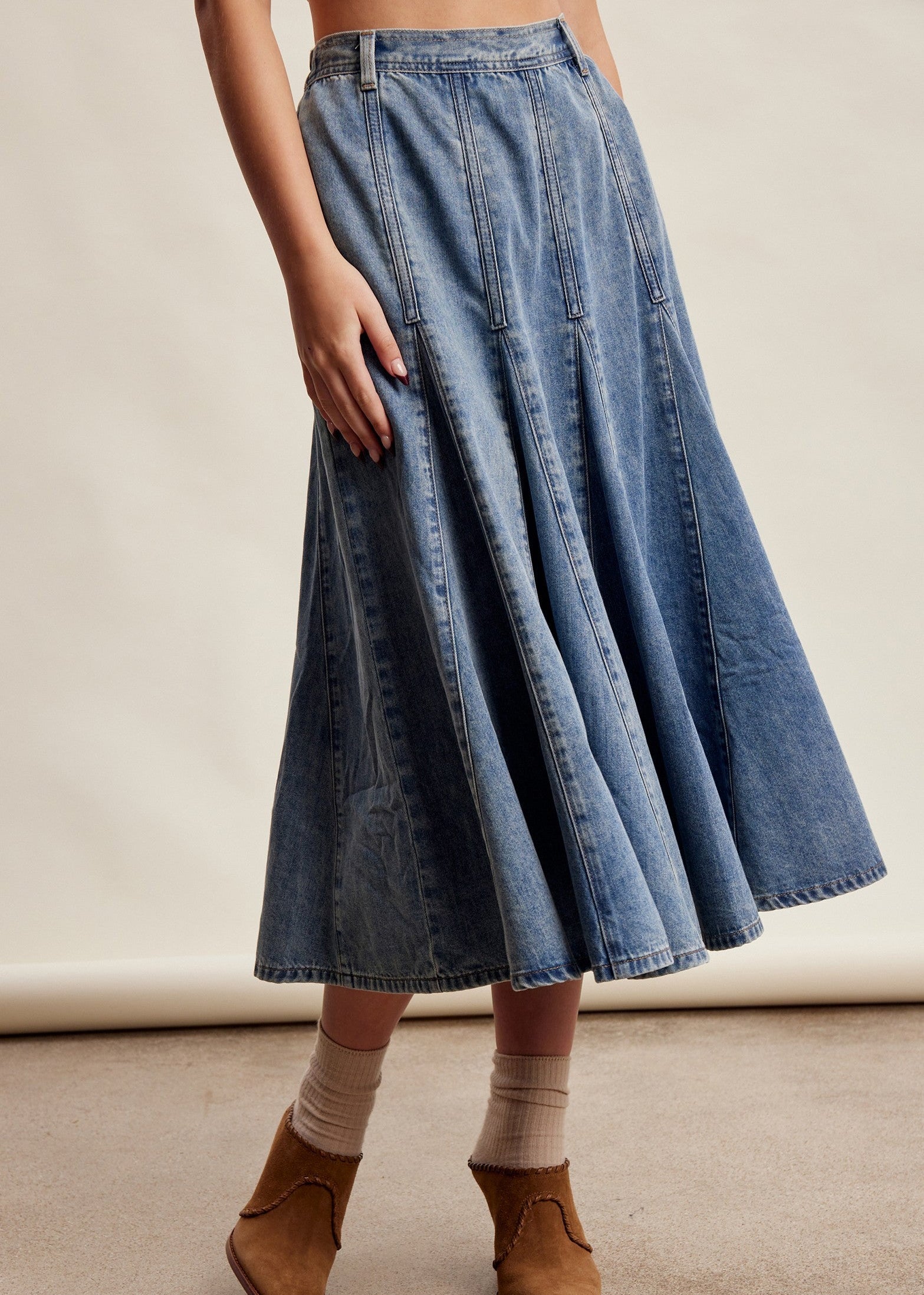 Cobalt Path Paneled Denim Midi Skirt in Sunwashed Blue - product photo 1