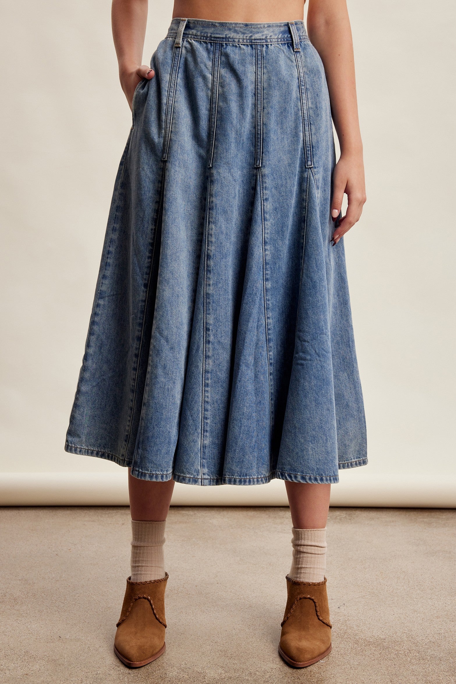 Cobalt Path Paneled Denim Midi Skirt in Sunwashed Blue - product photo 2