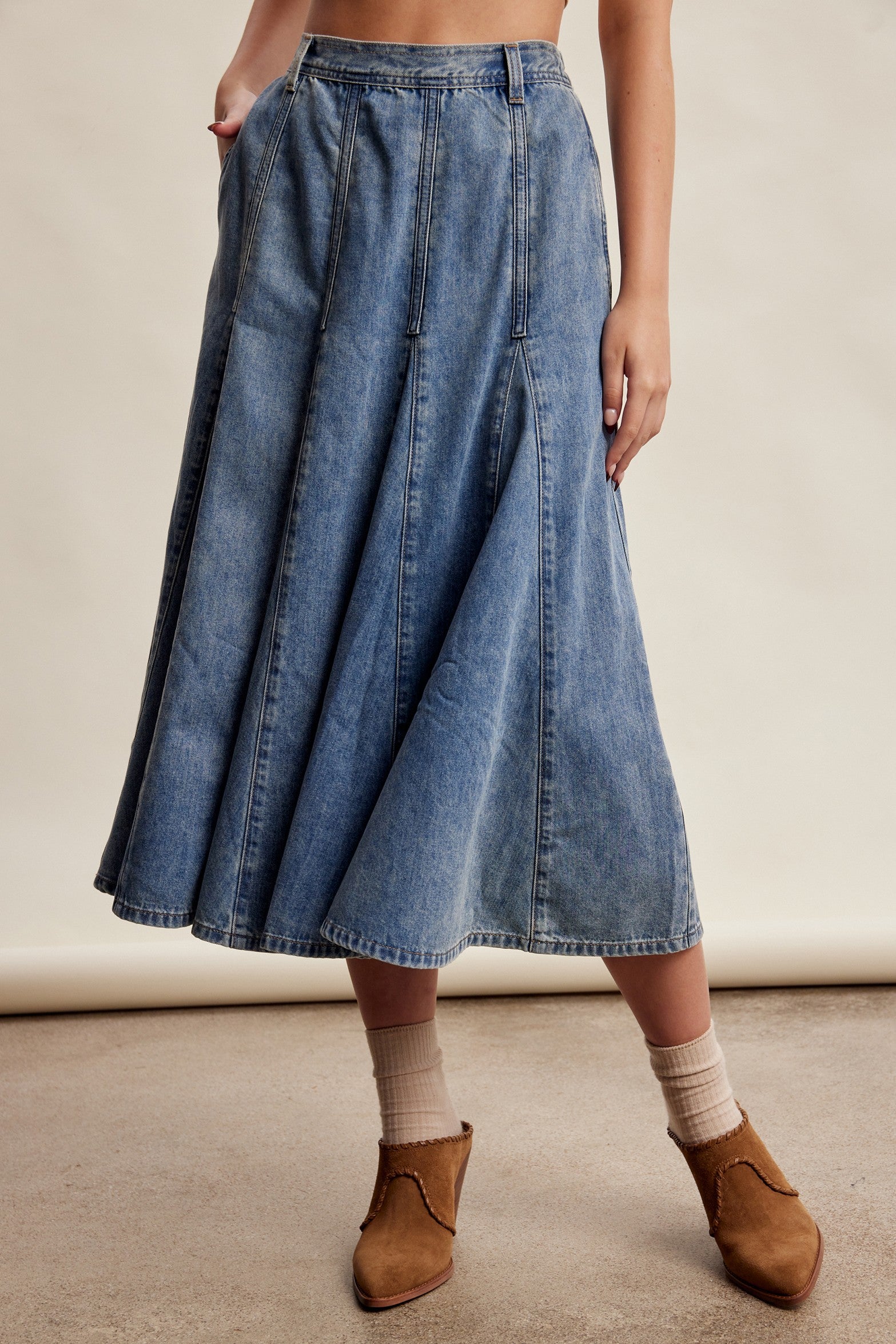 Cobalt Path Paneled Denim Midi Skirt in Sunwashed Blue - product photo 3
