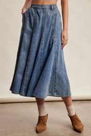 Cobalt Path Paneled Denim Midi Skirt in Sunwashed Blue - product photo 3