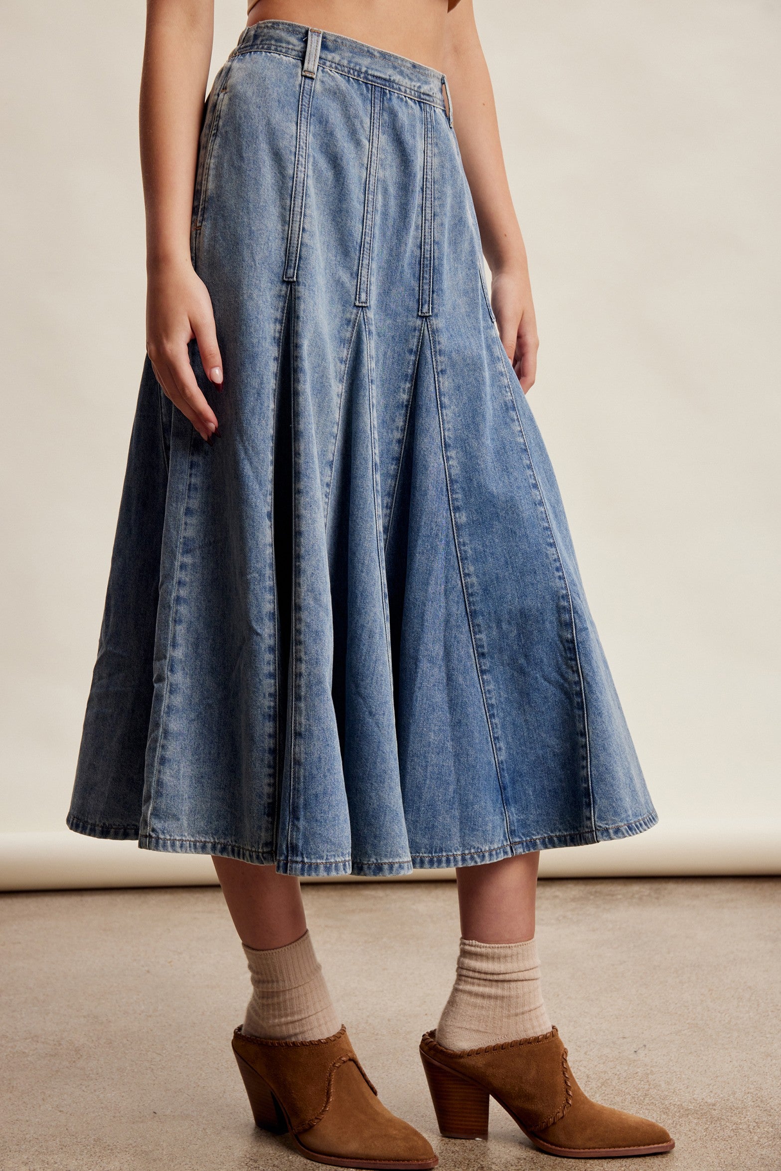 Cobalt Path Paneled Denim Midi Skirt in Sunwashed Blue - product photo 4