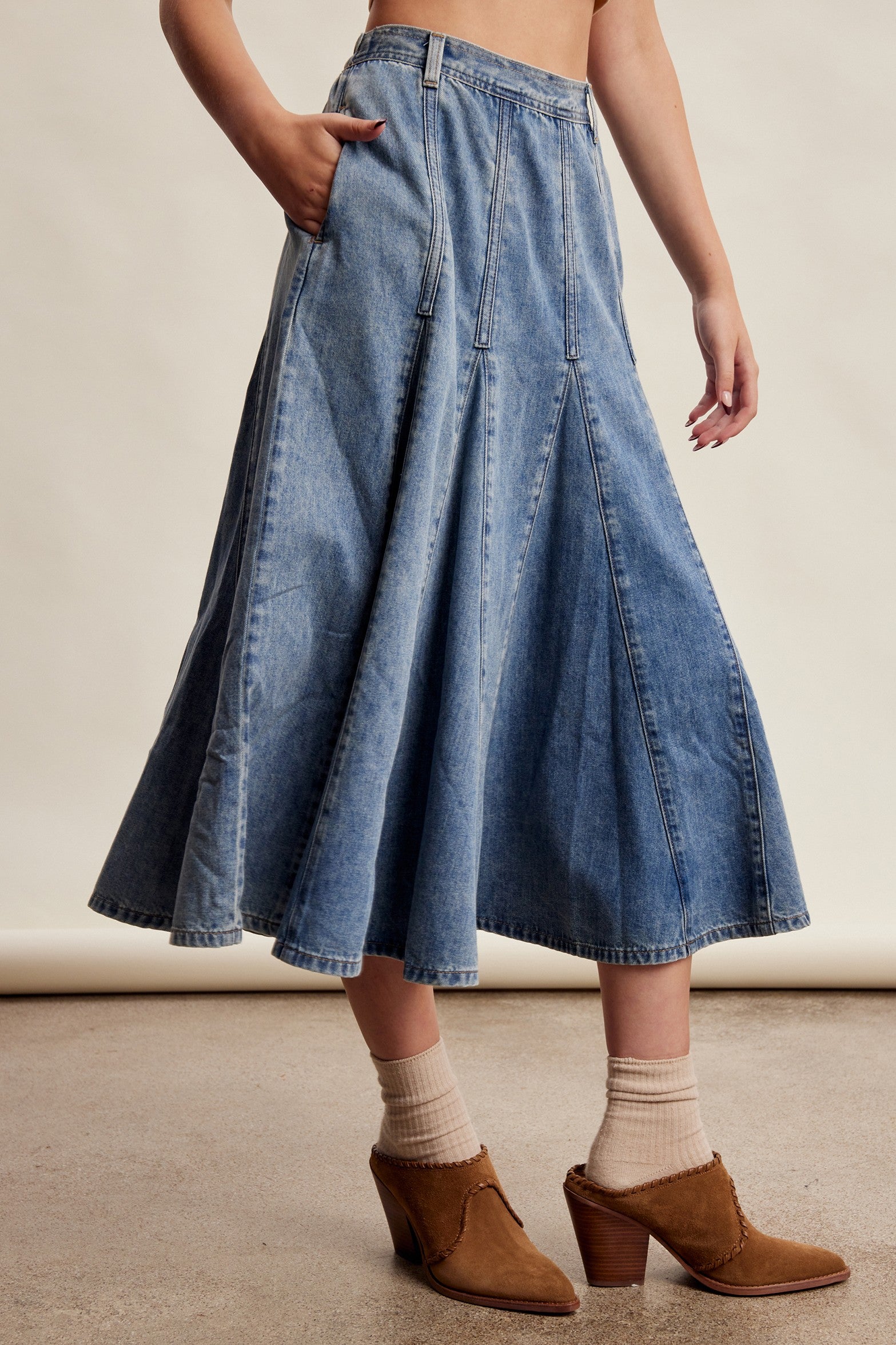 Cobalt Path Paneled Denim Midi Skirt in Sunwashed Blue - product photo 5
