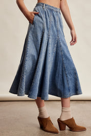 Cobalt Path Paneled Denim Midi Skirt in Sunwashed Blue - product photo 5