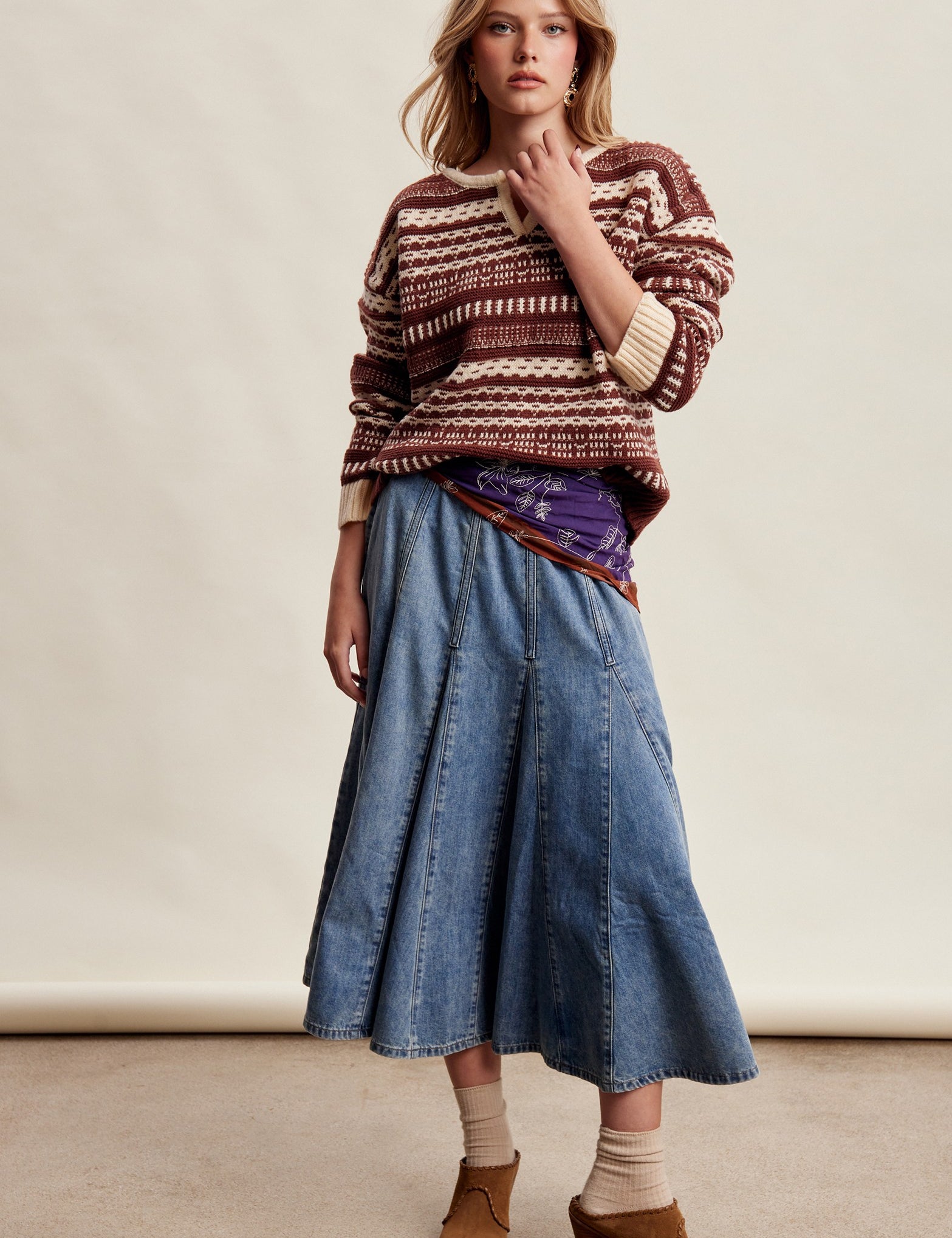 Cobalt Path Paneled Denim Midi Skirt in Sunwashed Blue - product photo 9