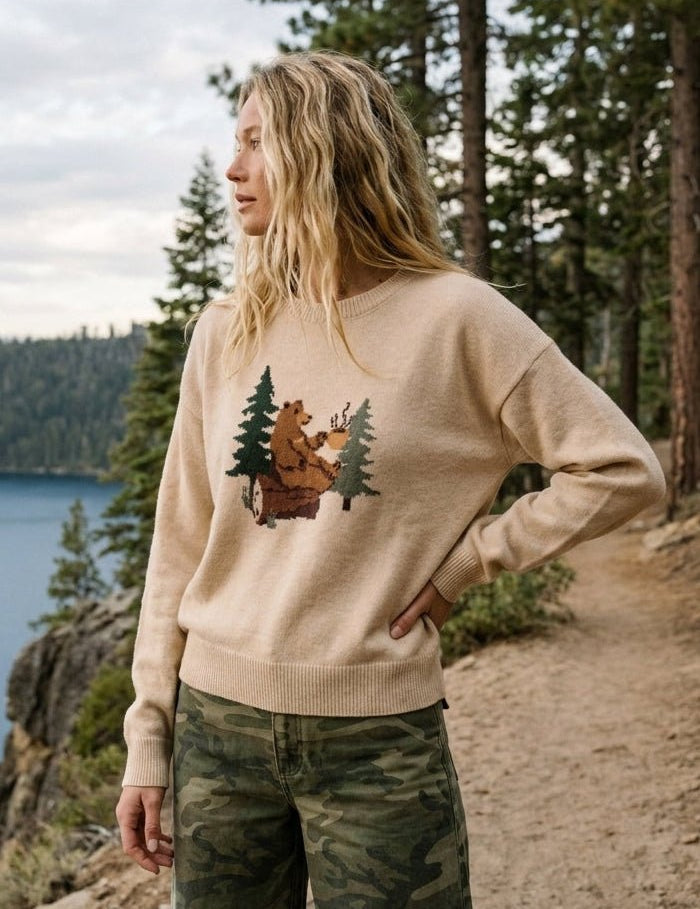 Coffee Break Bear Motif Sweater - Westly