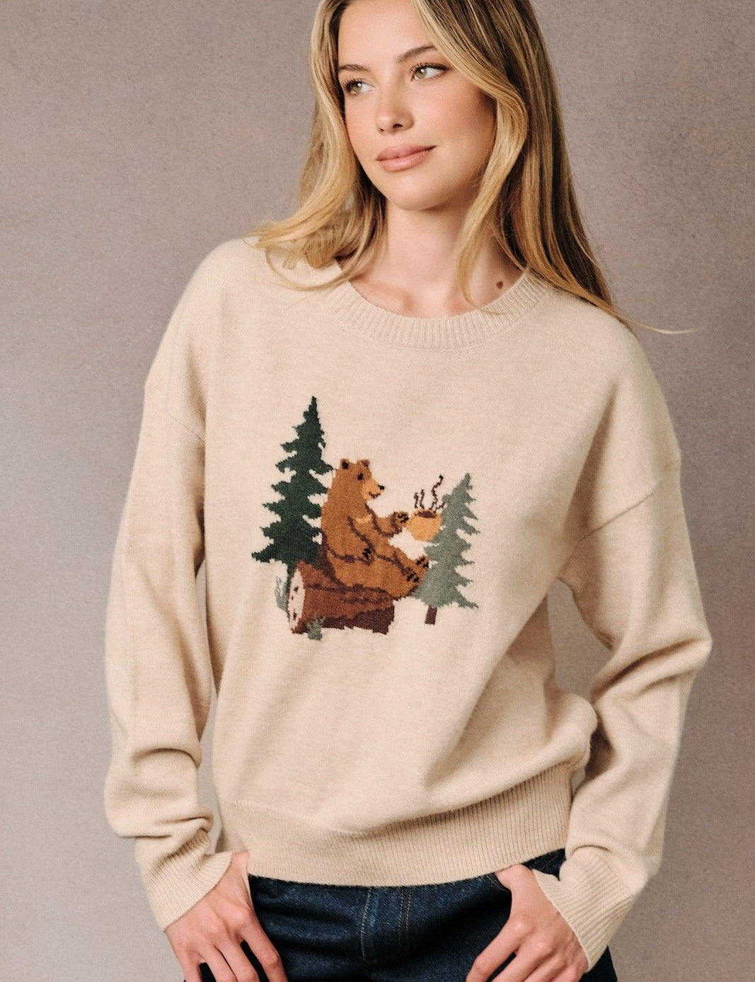 Coffee Break Bear Motif Sweater - Westly