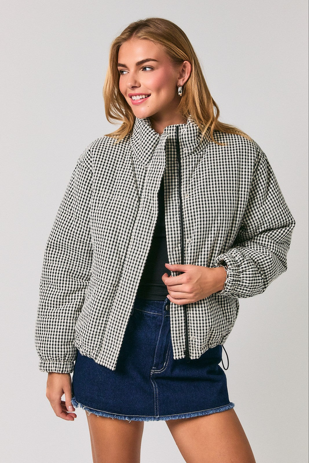 Cold Front Gingham Puffer Jacket in Black White Gingham — product photo 02