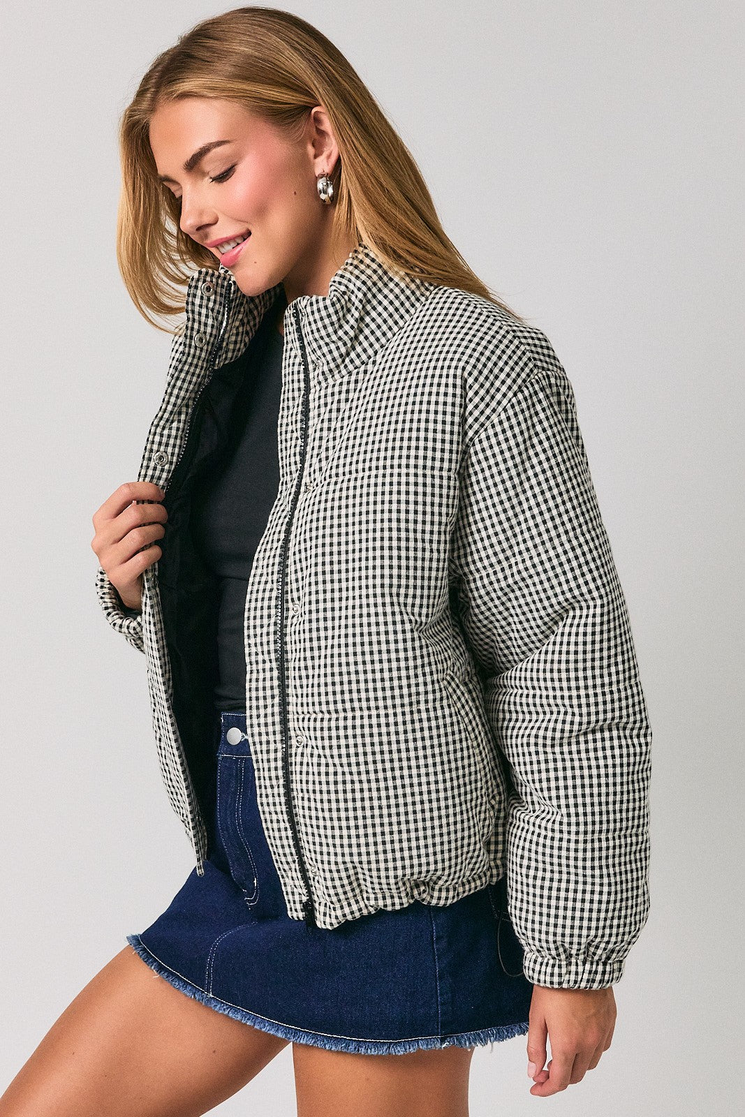 Cold Front Gingham Puffer Jacket in Black White Gingham — product photo 03