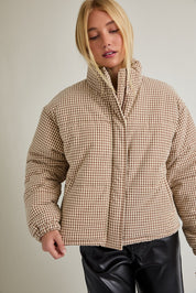 Cold Front Gingham Puffer Jacket in Brown White Gingham — product photo 01