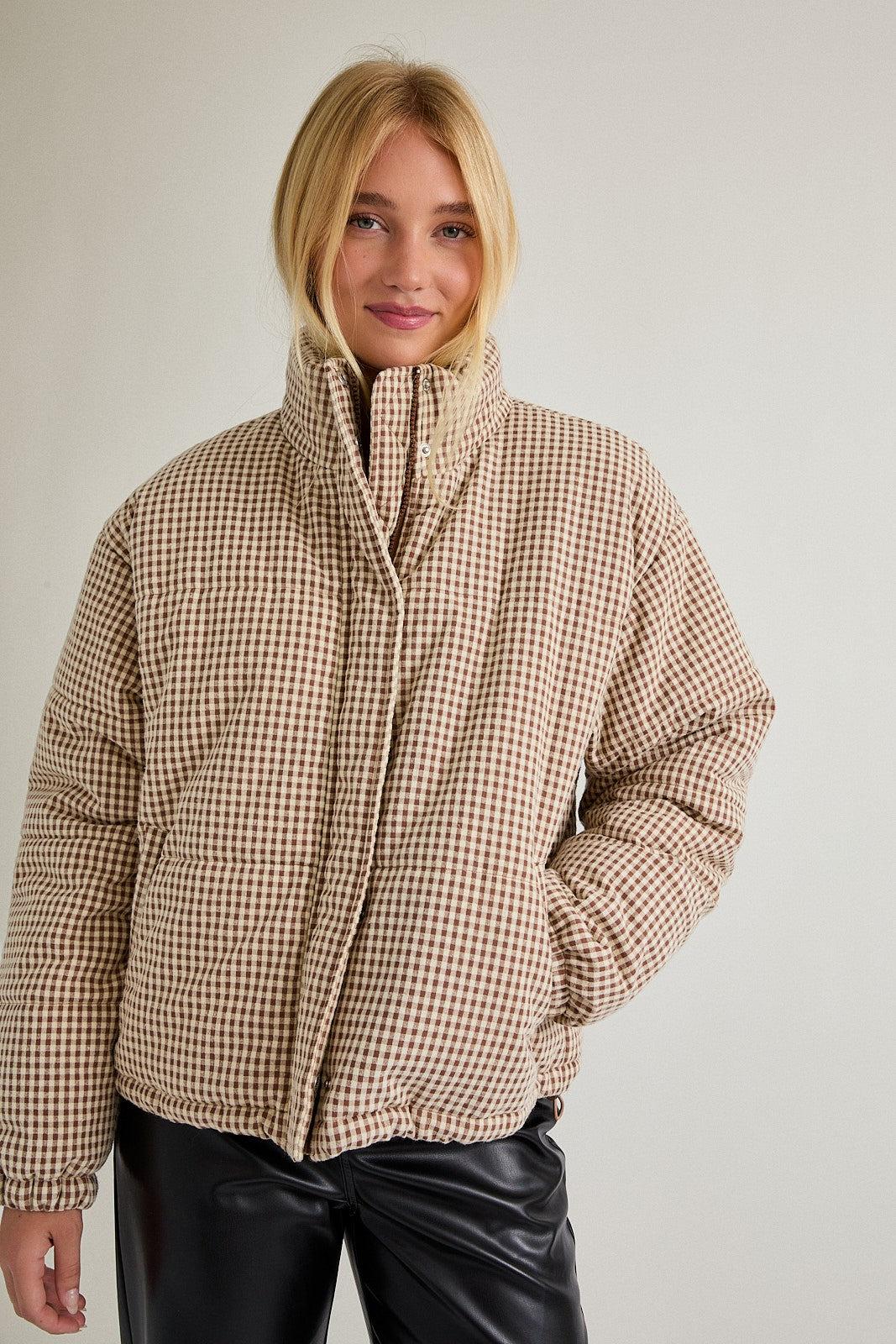Cold Front Gingham Puffer Jacket in Brown White Gingham — product photo 02
