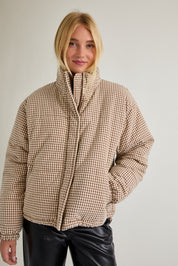 Cold Front Gingham Puffer Jacket in Brown White Gingham — product photo 02