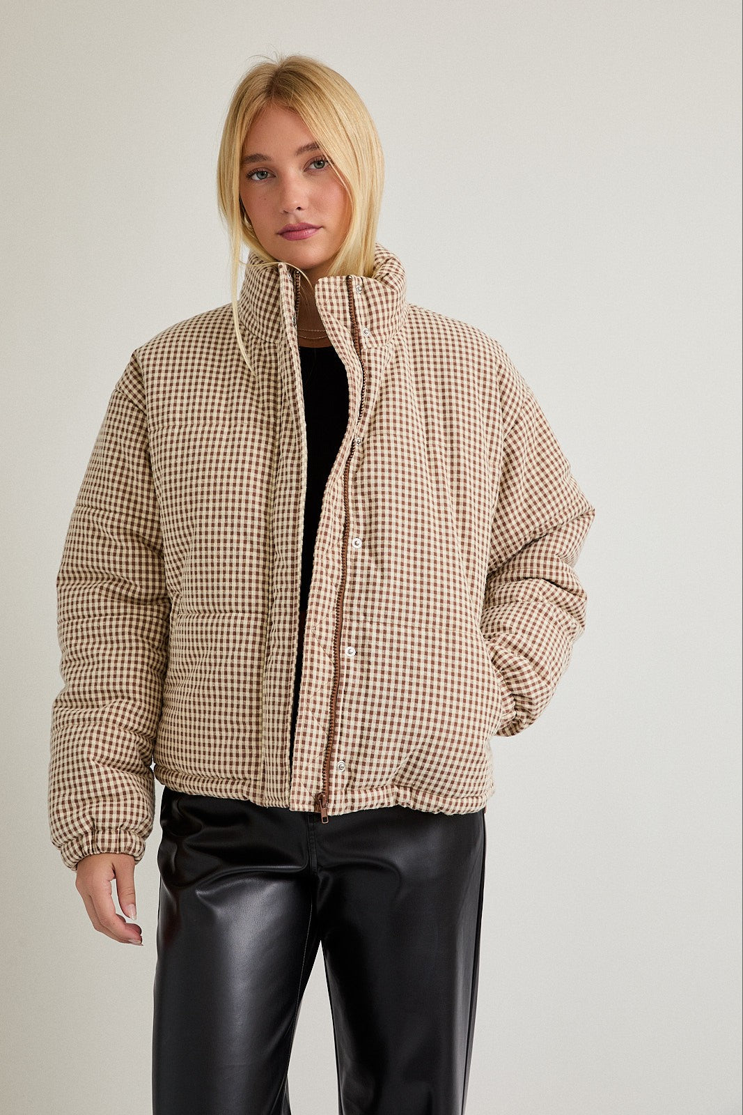 Cold Front Gingham Puffer Jacket in Brown White Gingham — product photo 03