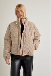 Cold Front Gingham Puffer Jacket in Brown White Gingham — product photo 03