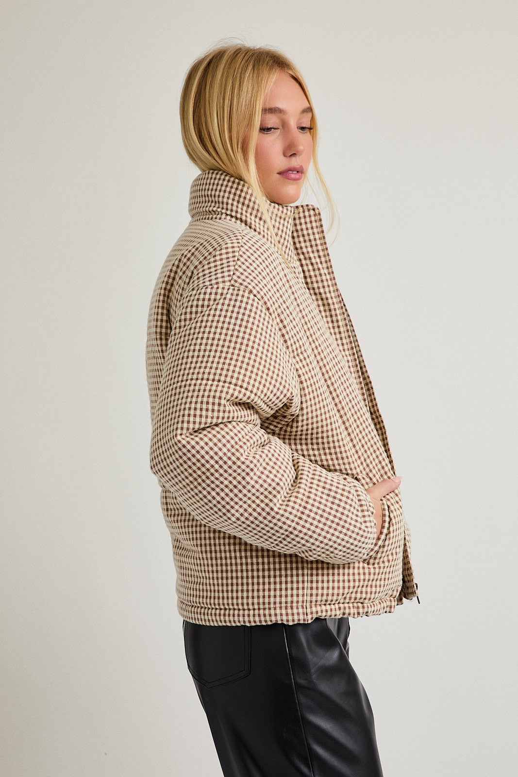 Cold Front Gingham Puffer Jacket in Brown White Gingham — product photo 05