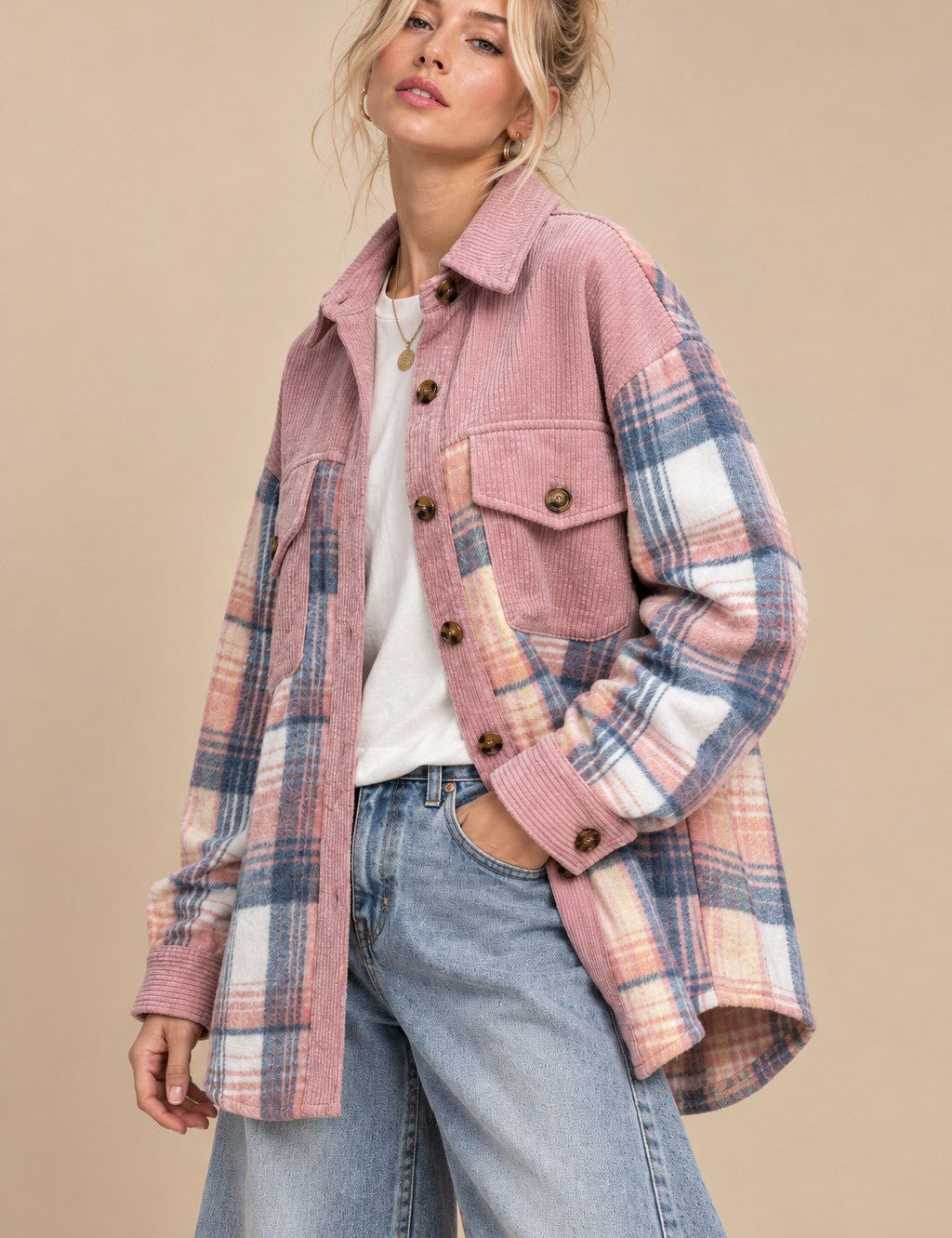 Colette Corduroy Trim Plaid Shacket - Westly