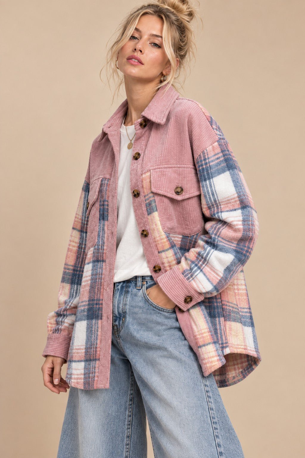 Colette Corduroy Trim Plaid Shacket - Westly