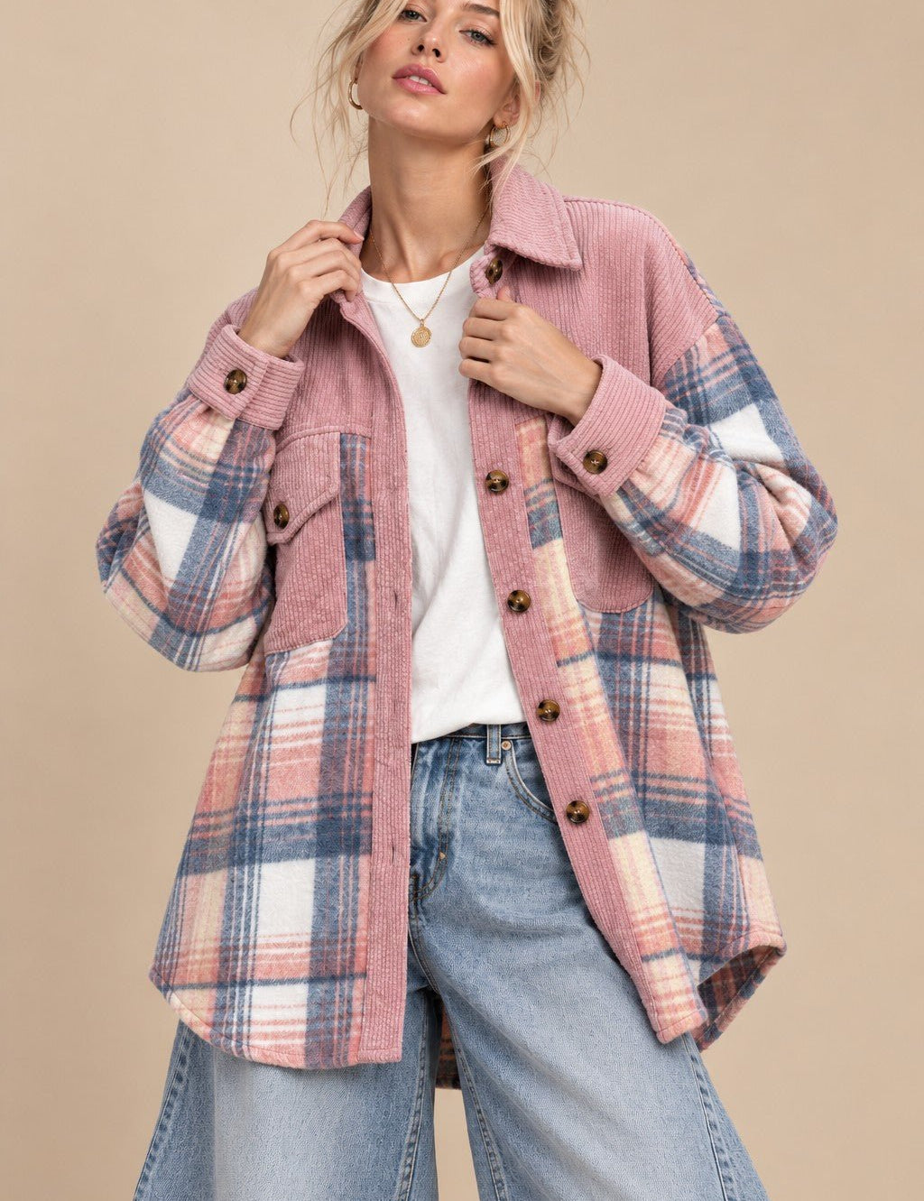 Colette Corduroy Trim Plaid Shacket - Westly