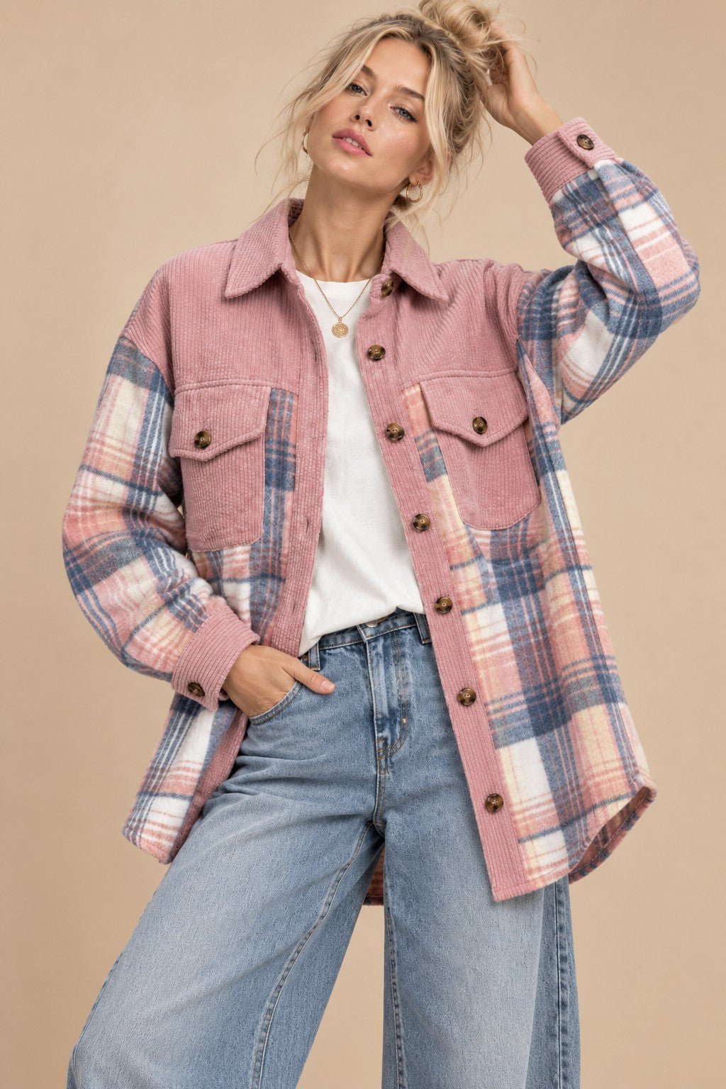 Colette Corduroy Trim Plaid Shacket - Westly