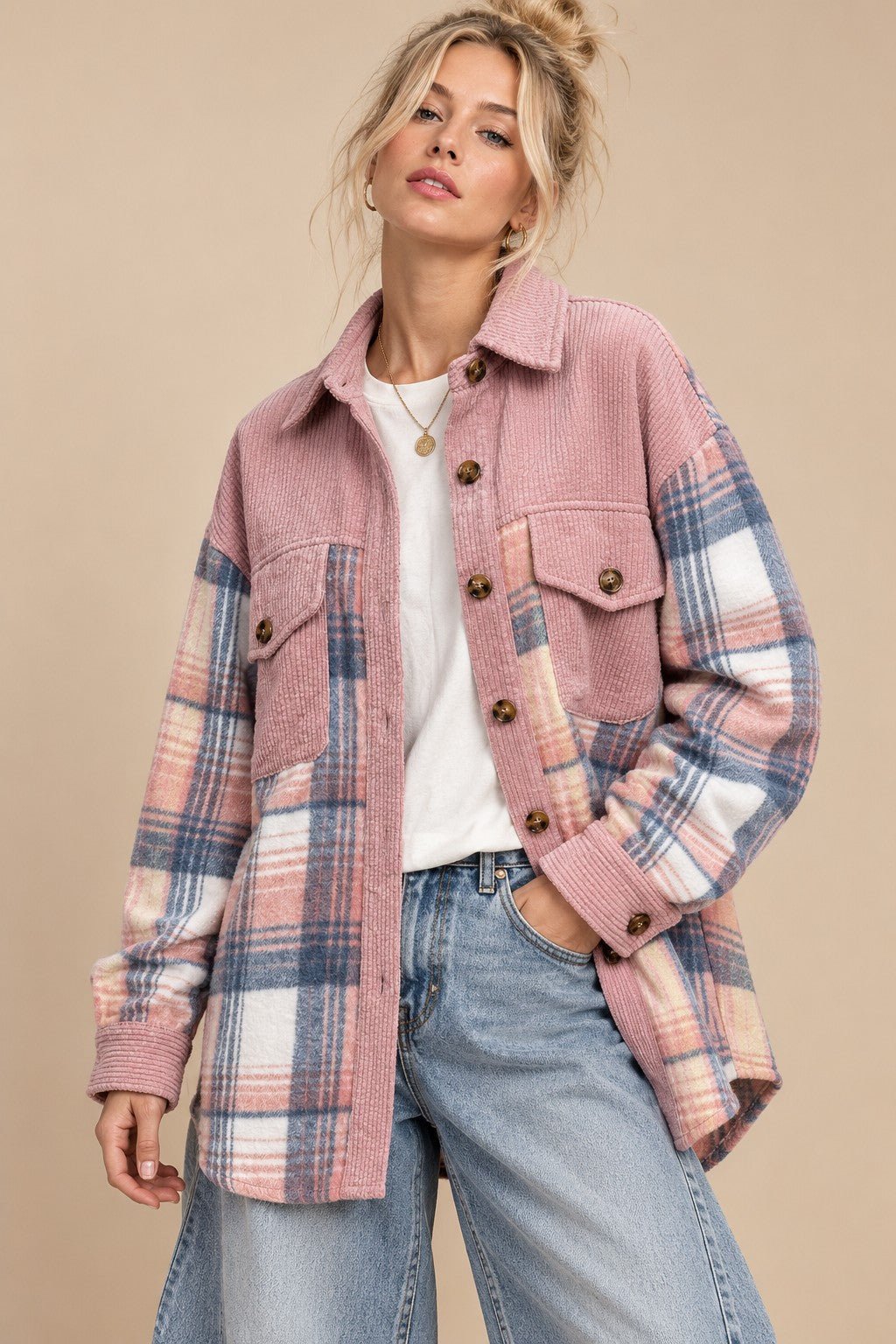 Colette Corduroy Trim Plaid Shacket - Westly