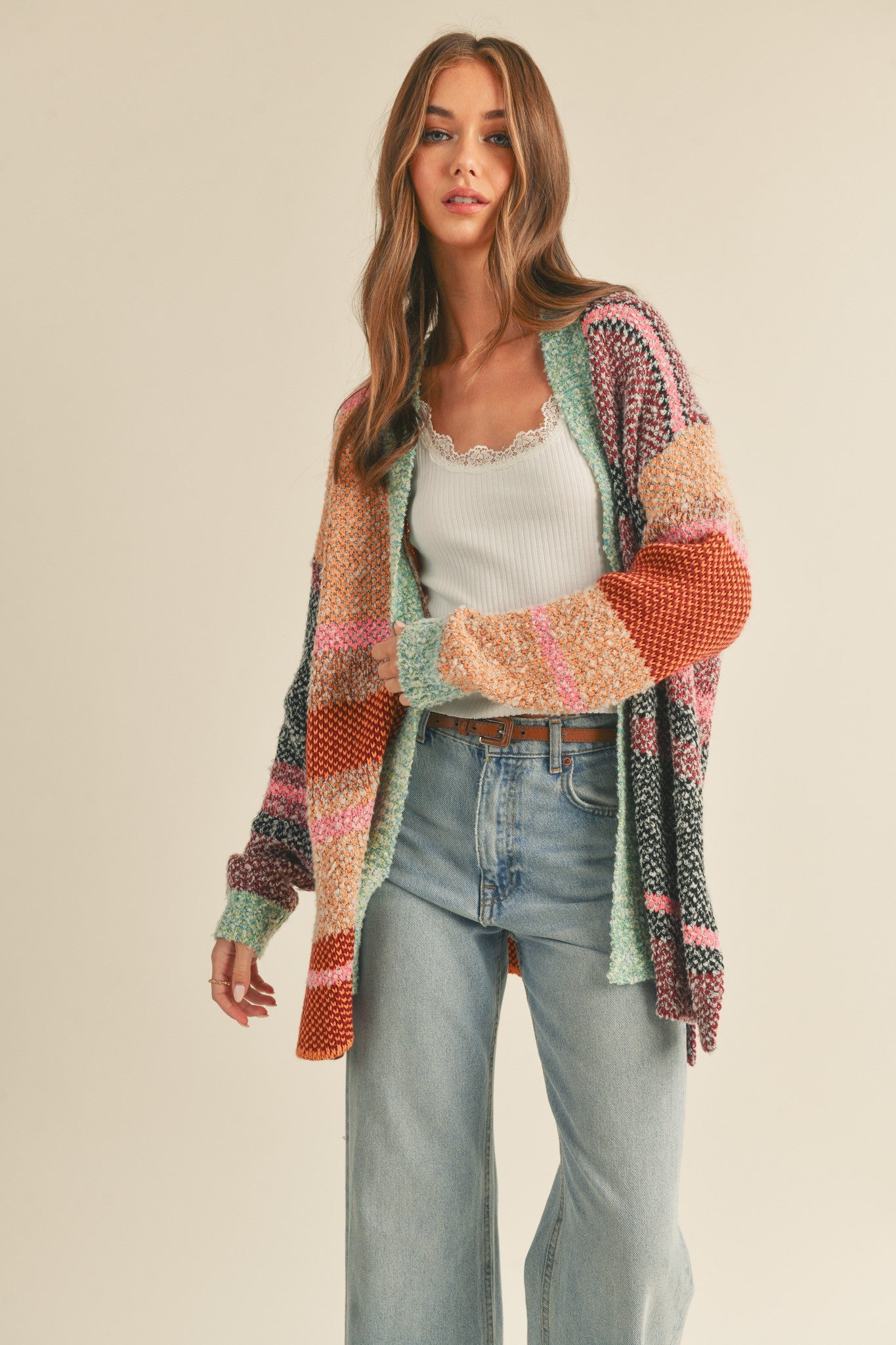 Color Composition Oversized Cardigan in Burgundy Orange Multi - product photo 3