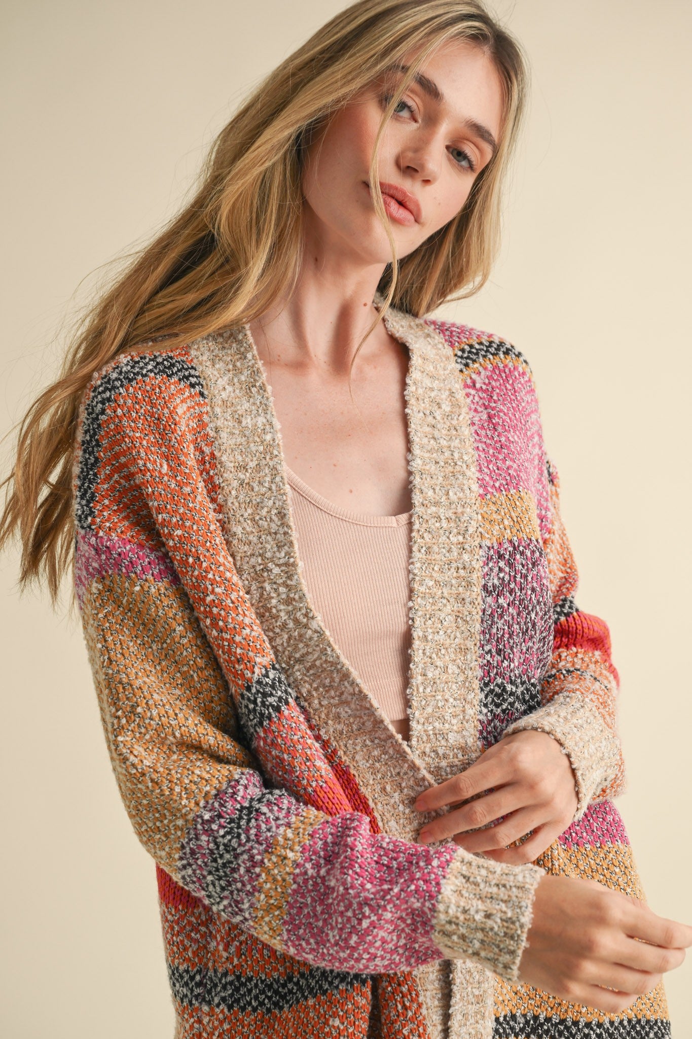 Color Composition Oversized Cardigan in Fuchsia Mustard Multi - product photo 2
