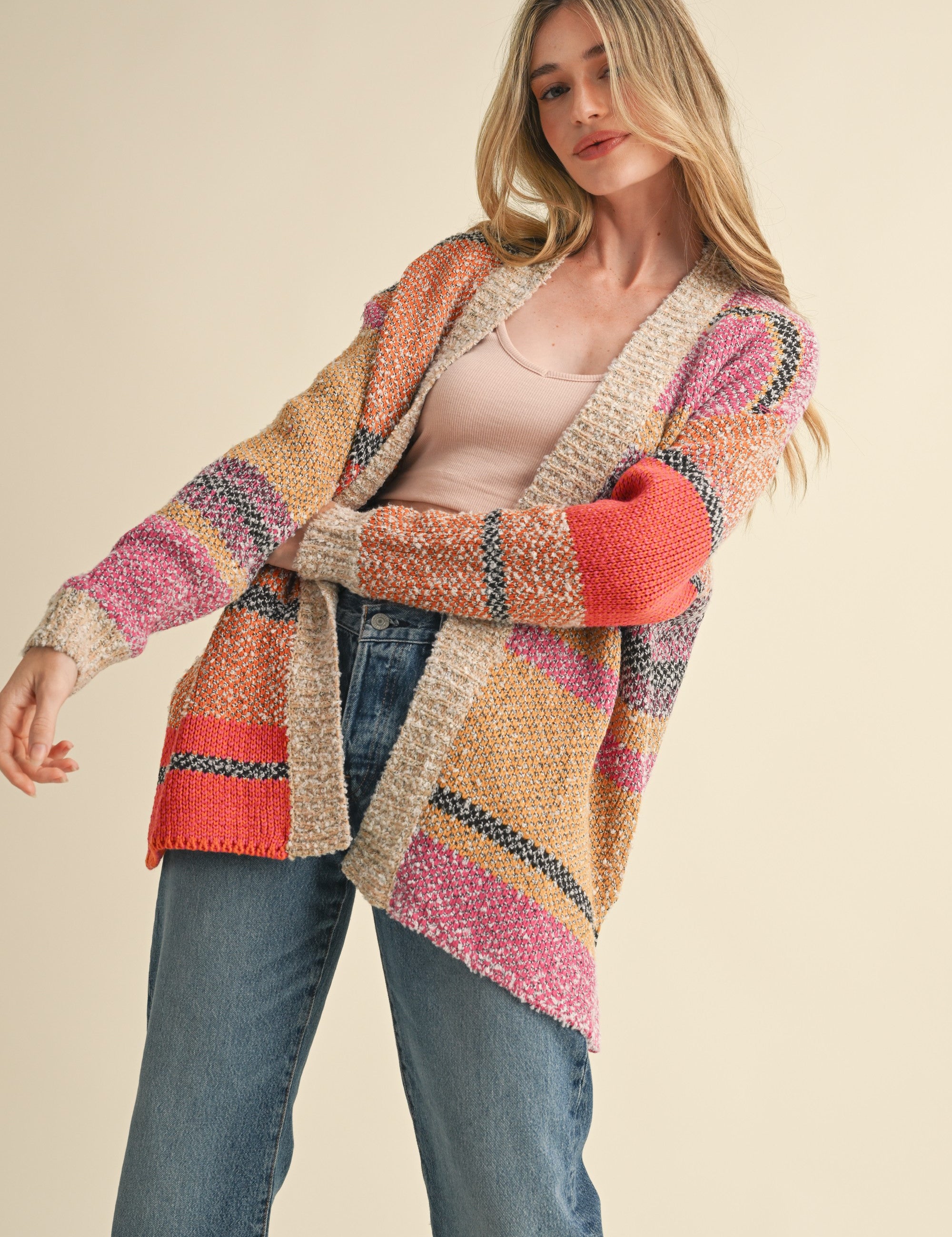 Color Composition Oversized Cardigan in Fuchsia Mustard Multi - product photo 3