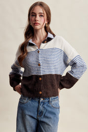 Color Interval Stripe Button Cardigan in Blue Multi - product photo 3