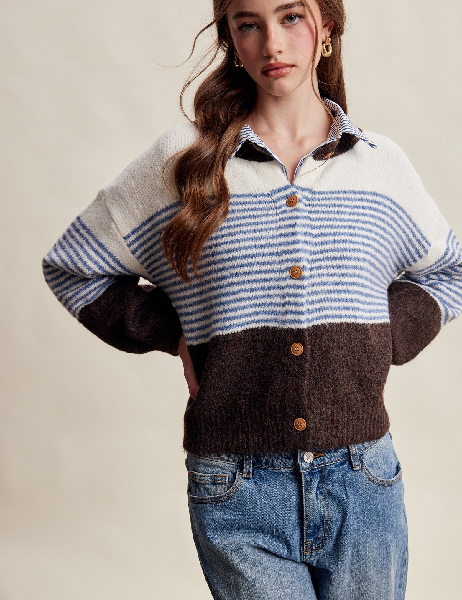 Color Interval Stripe Button Cardigan in Blue Multi - product photo 4