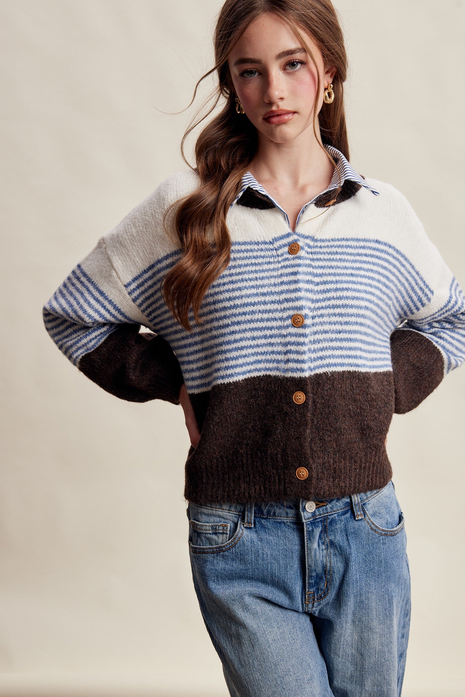 Color Interval Stripe Button Cardigan in Blue Multi - product photo 4