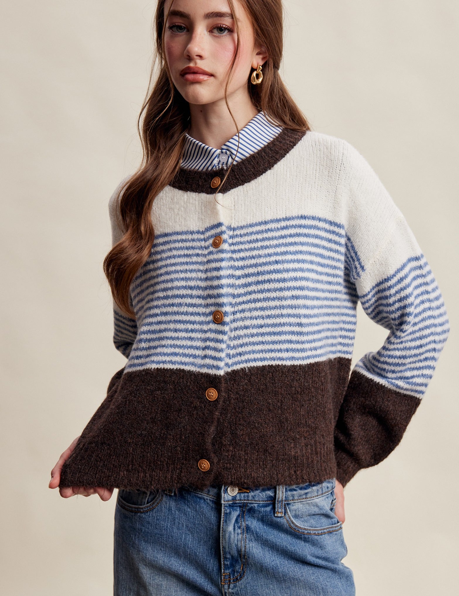 Color Interval Stripe Button Cardigan in Blue Multi - product photo 5