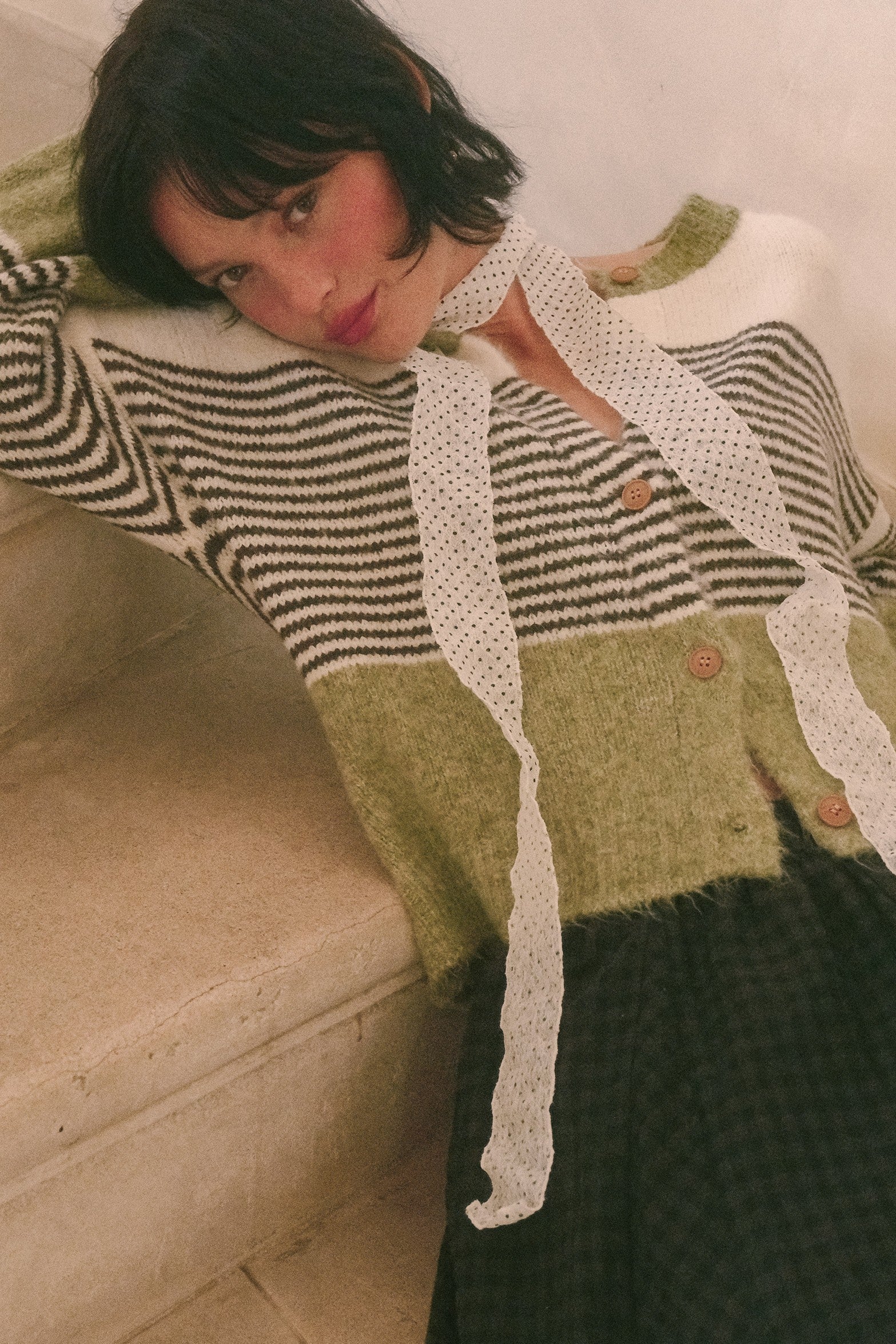 Color Interval Stripe Button Cardigan in Olive Multi - product photo 2