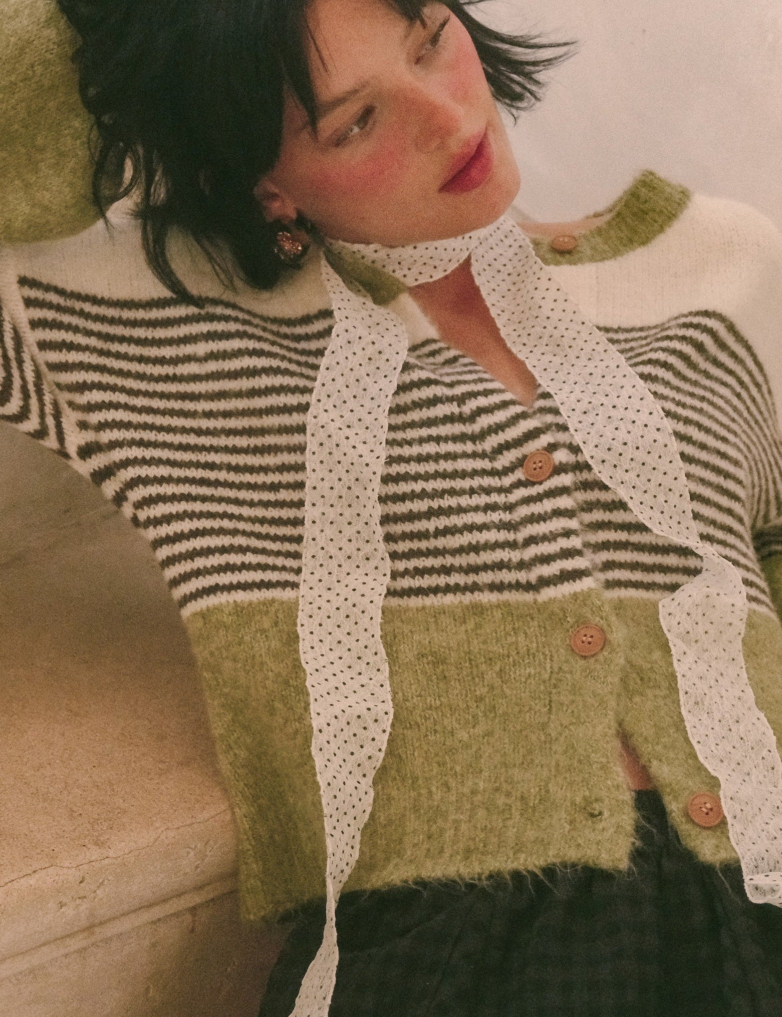 Color Interval Stripe Button Cardigan in Olive Multi - product photo 3