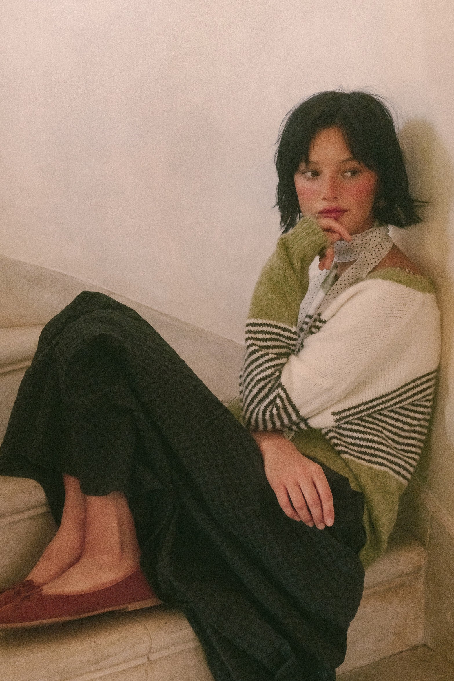 Color Interval Stripe Button Cardigan in Olive Multi - product photo 4