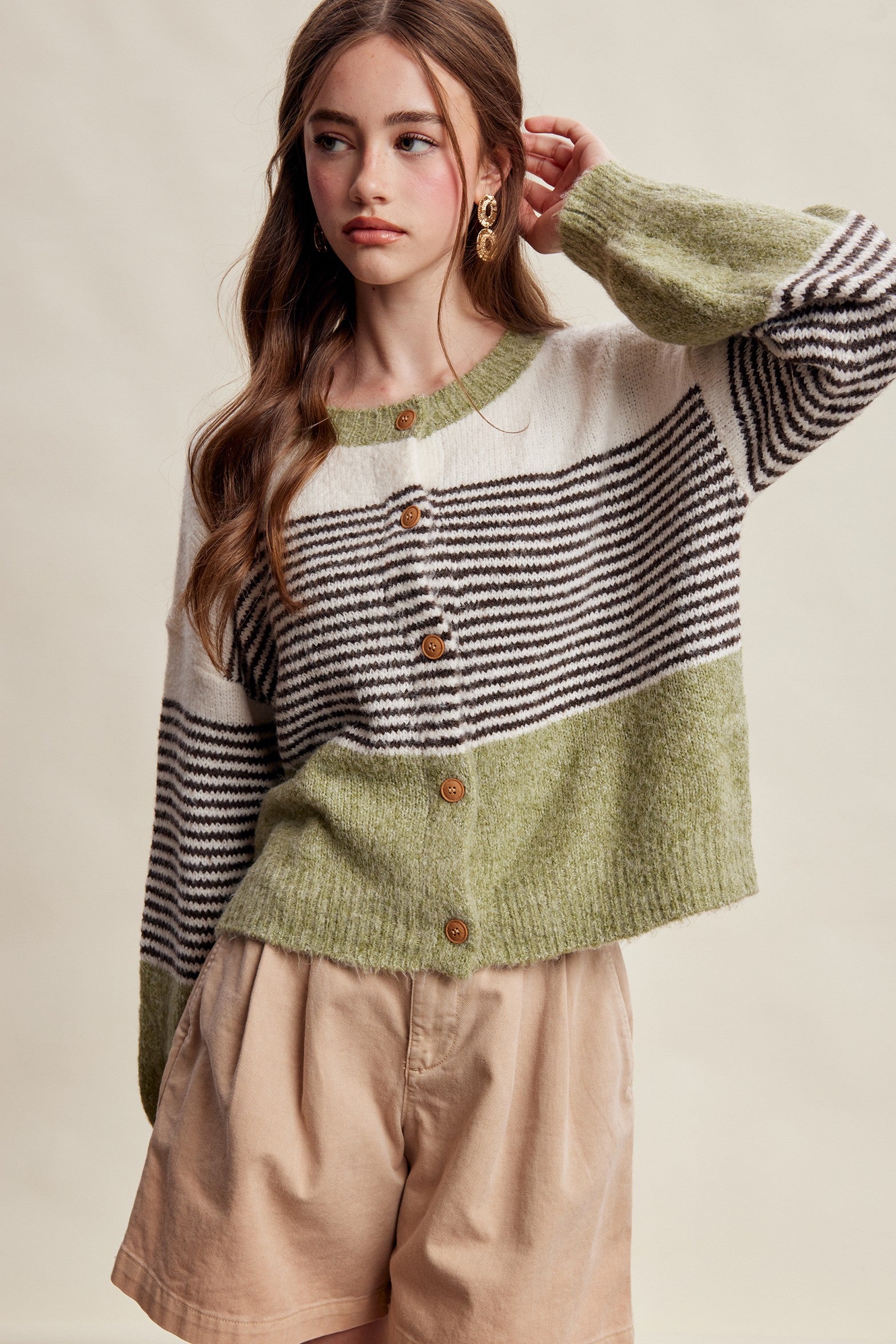 Color Interval Stripe Button Cardigan in Olive Multi - product photo 7