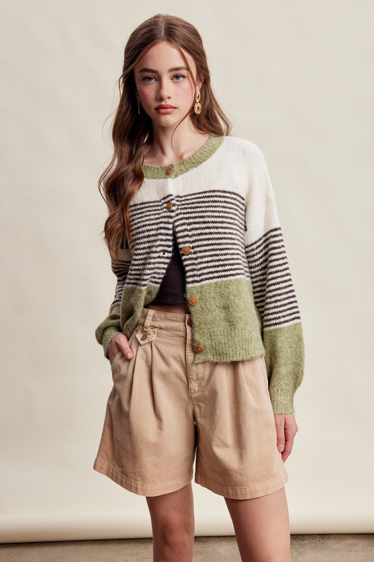 Color Interval Stripe Button Cardigan in Olive Multi - product photo 8