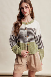 Color Interval Stripe Button Cardigan in Olive Multi - product photo 9