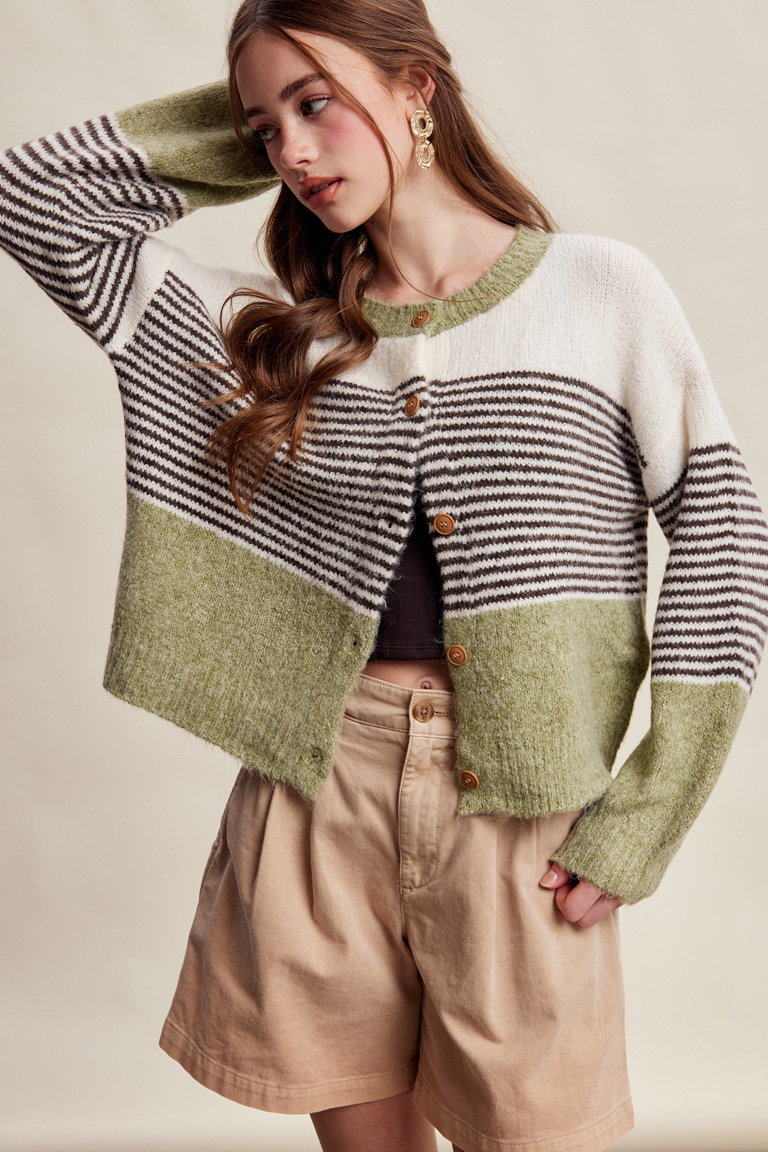 Color Interval Stripe Button Cardigan in Olive Multi - product photo 10