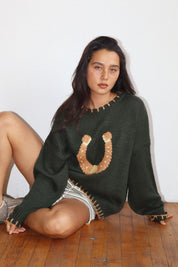 Copper Luck Horseshoe Sweater in Deep Green - product photo 2