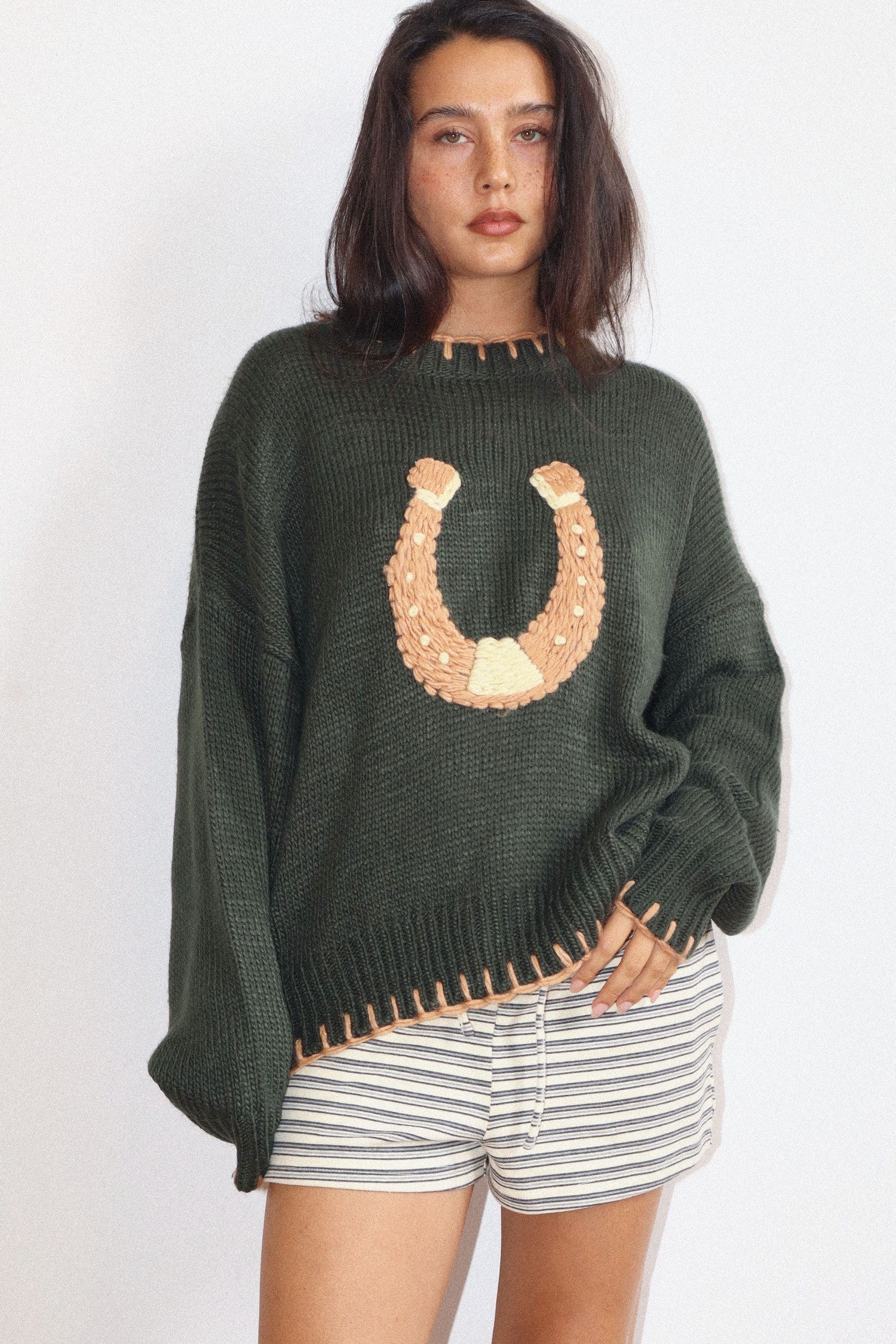 Copper Luck Horseshoe Sweater in Deep Green - product photo 4