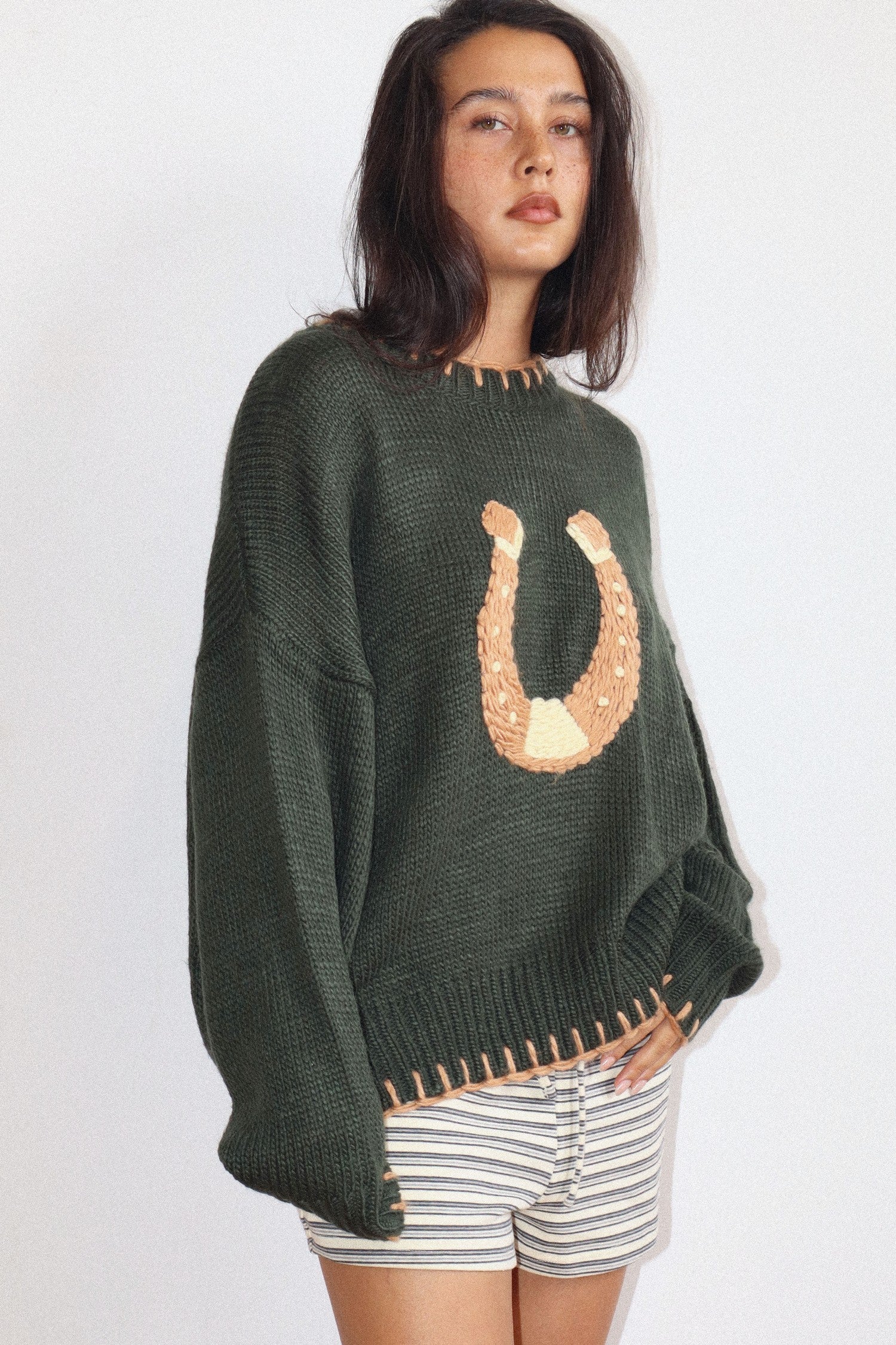 Copper Luck Horseshoe Sweater in Deep Green - product photo 8
