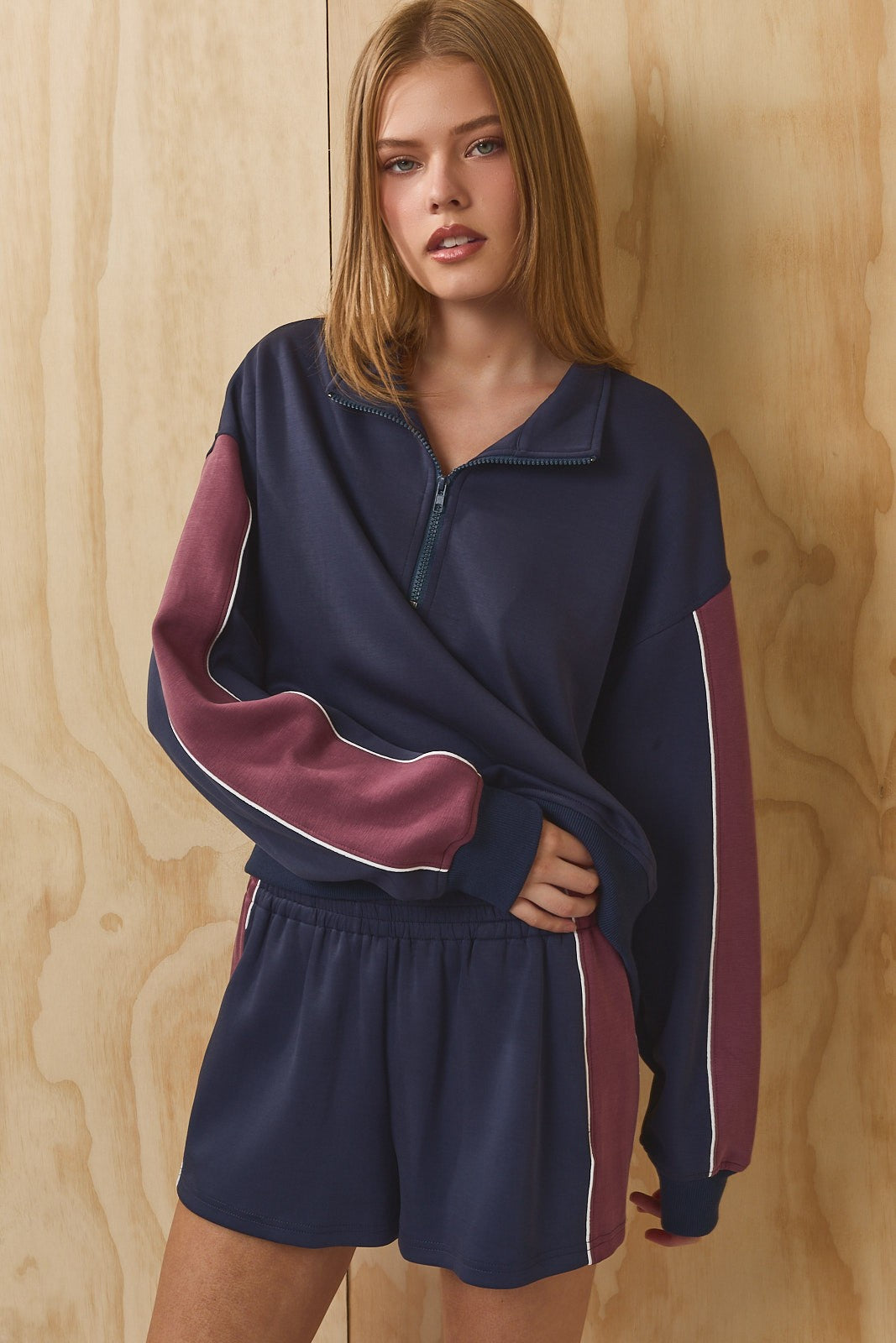 Courtyard Piped Quarter Zip Top - Navy Maroon