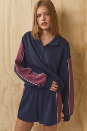 Courtyard Piped Quarter Zip Top - Navy Maroon