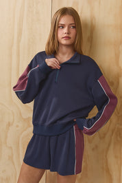 Courtyard Piped Quarter Zip Top - Navy Maroon