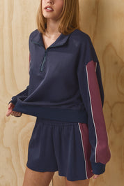 Courtyard Piped Quarter Zip Top - Navy Maroon