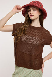 Coveair Open Knit Cap Sleeve Top - Espresso